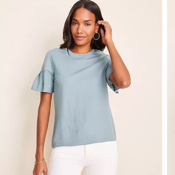 Ann Taylor Tops - Ann Taylor Pleated Ruffle Sleeve Tee Seafoam Blue L Large
